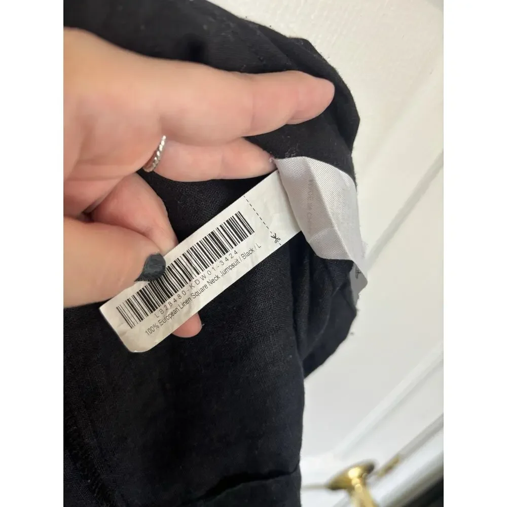 Quince 100% European Linen Square Neck Black Jumpsuit L Belt Pockets Sustainable